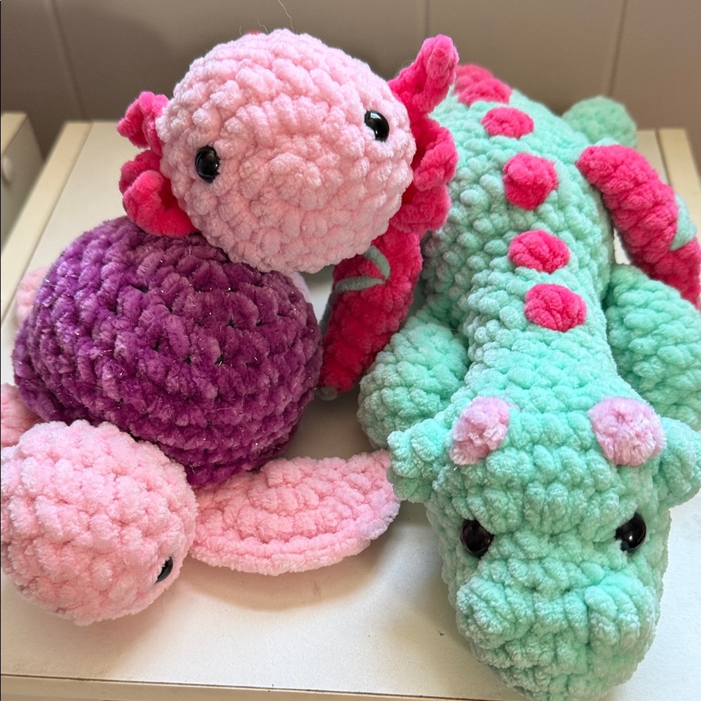 Pink and Green Plush Toy Set crochet animal lot